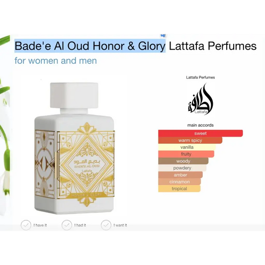 Witte rechthoekige Lattafa Bade’e al Oud Honor & Glory parfumfles met gouden geometrische en arabische details
