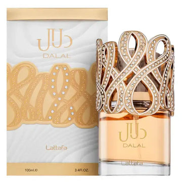 Gold-toned intricately designed lattafa dalal eau de parfum bottle with crystal-embellished cap and matching box