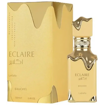 Lattafa eclair banoffi edp gouden eclair parfumfles met slanke metalen dop en bijpassende doos met gouden folielettering