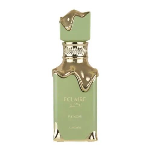 Mintgroene glazen parfumfles met gouden accenten en druppelontwerp labeled eclaires door lartisan parfumeur