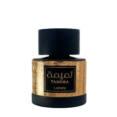 Zwart parfumflesje met gouden label en Arabische tekst Tamima van Lattafa EDP Tamima