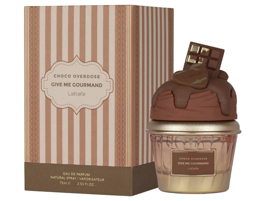 Lattafa give me gourmand choco overdose edp 75 ml chocoladeparfumfles met glanzende bruine cupcakevormige dop en gouden metalen basis