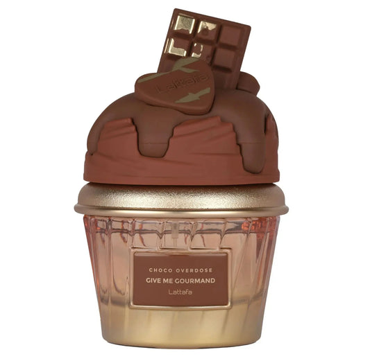 Lattafa give me gourmand choco overdose edp 75 ml chocolade geurneauwpje met gouden cupcake ontwerp en glanzende topping