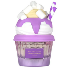 Paars mallow thema parfumfles in cupcakevorm met witte slagroom, marshmallows en gestreepte rietjes lattafa give me gourmand mallow madness edp 75 ml
