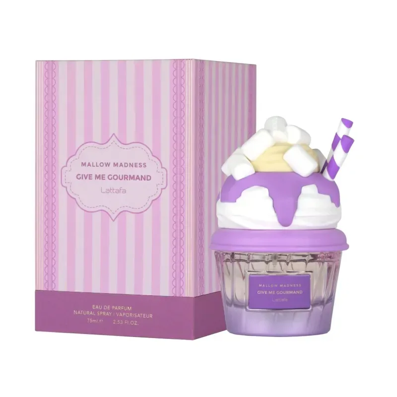 Lattafa give me gourmand mallow madness edp 75 ml paarse cupcakevormige parfumfles met witte slagroom marshmallows en gestreepte rietje
