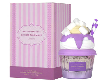 Lattafa give me gourmand mallow madness edp 75 ml paarse cupcakevormige parfumfles met witte slagroom marshmallows en gestreepte rietje