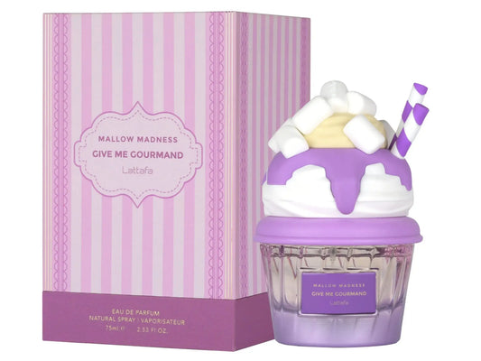 Lattafa give me gourmand mallow madness edp 75 ml paarse cupcakevormige parfumfles met witte slagroom marshmallows en gestreepte rietje