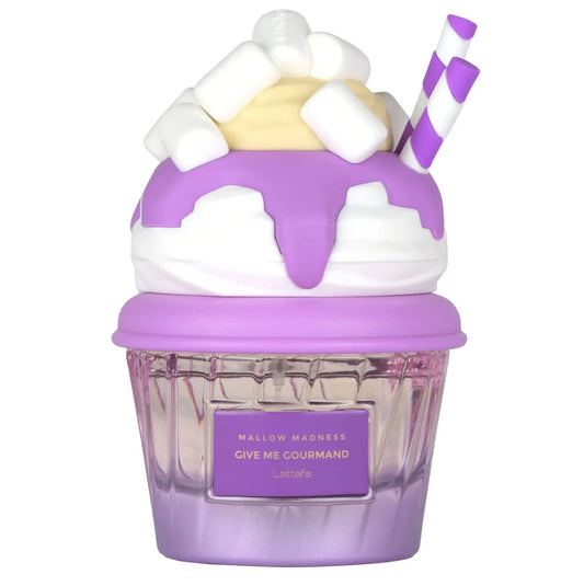 Lattafa give me gourmand mallow madness edp 75 ml parfumfles in cupcakevorm met paarse mallow en witte slagroom