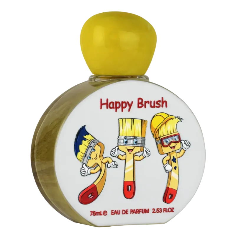 Lattafa Happy Brush: gele en witte parfumfles met cartoon kwasten