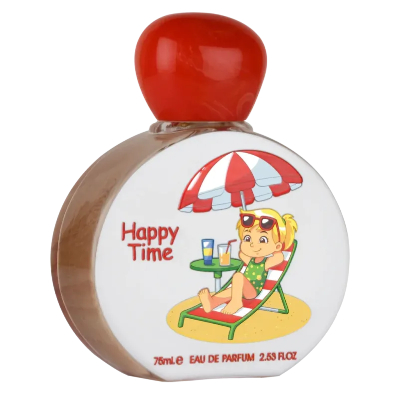 Lattafa Happy Time parfumfles met witte en rode strandthema en cartoonmeisje