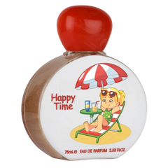 Lattafa Happy Time parfumfles met witte en rode strandthema en cartoonmeisje