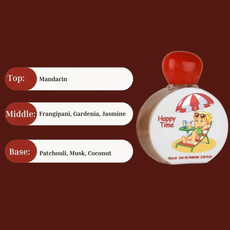 Perfume fles met fruitige en bloemige geurnoten voor Lattafa Happy Time Arabische parfum