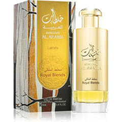 Lattafa parfum khaltaat arabia gold eau de parfum fles met reflecterende metalen afwerking en amberkleurige vloeistof