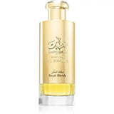 Lattafa parfum khaltaat arbia gold gouden rechthoekige parfumfles met arabische reliëftekst en khazna al arabia merknaam