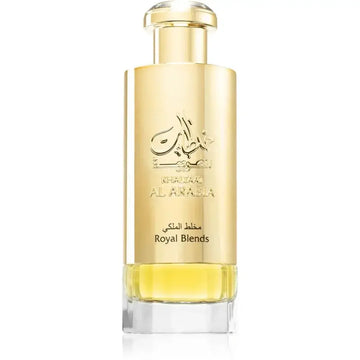 Lattafa parfum khaltaat arbia gold gouden rechthoekige parfumfles met arabische reliëftekst en khazna al arabia merknaam