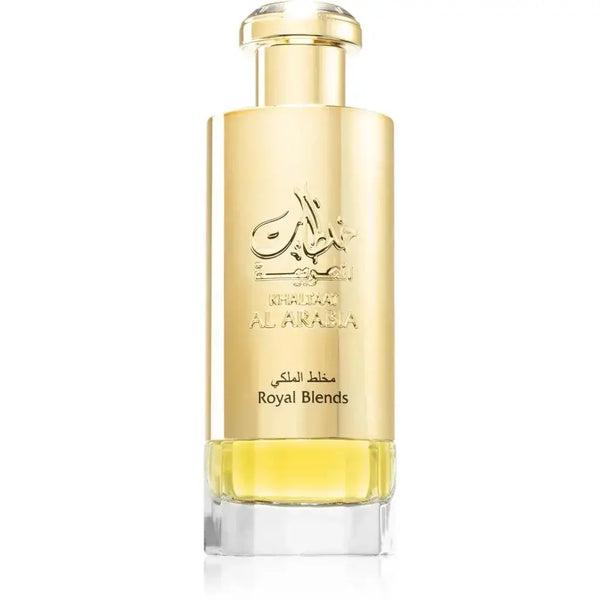Lattafa parfum khaltaat arbia gold gouden rechthoekige parfumfles met arabische reliëftekst en khazna al arabia merknaam
