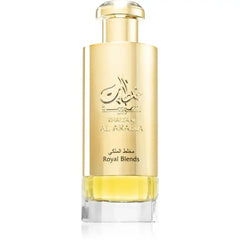 Lattafa parfum khaltaat arbia gold gouden rechthoekige parfumfles met arabische reliëftekst en khazna al arabia merknaam