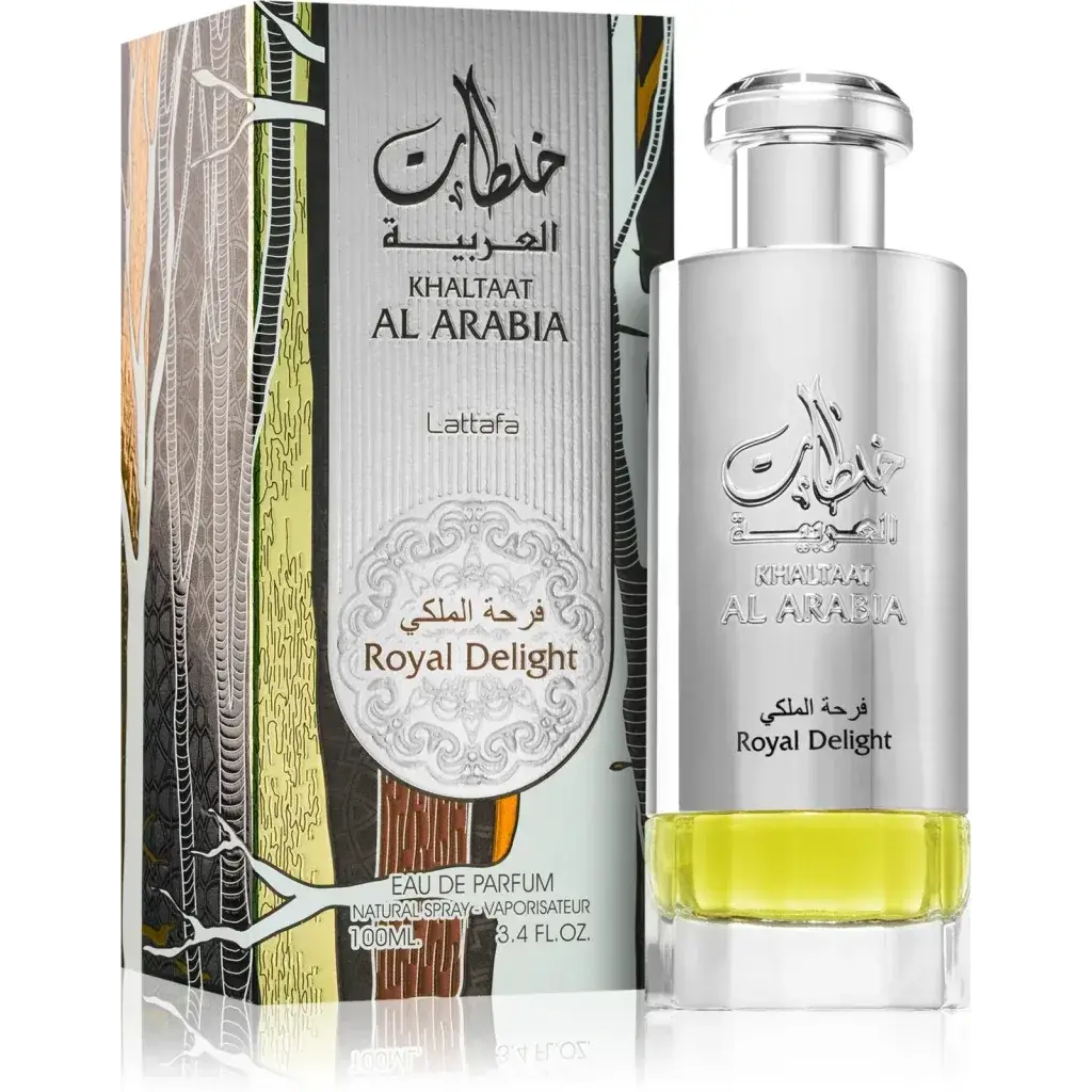 Lattafa parfum khaltaat arbia silver zilveren fles met glazen basis en gele vloeistof met label royal delight van khalaat al arabia