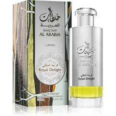 Lattafa parfum khaltaat arbia silver zilveren fles met glazen basis en gele vloeistof met label royal delight van khalaat al arabia