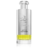 Zilverkleurige glazen parfumfles lattafa parfum khaltaat arbia silver met geelgroene royal delight geur en metallic dop