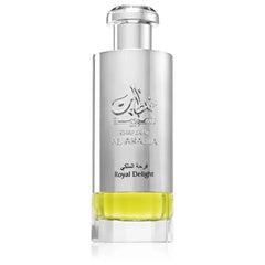 Zilverkleurige glazen parfumfles lattafa parfum khaltaat arbia silver met geelgroene royal delight geur en metallic dop