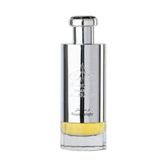 Lattafa parfum khaltaat arbia silver parfumfles met zilveren afwerking, rechthoekig ontwerp en arabische gravure
