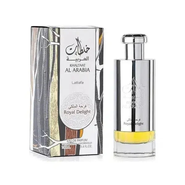 Silver-finished lattafa parfum khaltaat arbia silver fles met slank cilindrisch ontwerp en goudgeel vloeistof