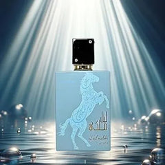 Lattafa Lail Maleki Moroccan Blue Arabische parfum met lichtblauwe fles en paarddesign