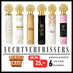 Set van zes Lattafa Luchtverfrisser Bundel sprays met gouden doppen voor frisse geuren