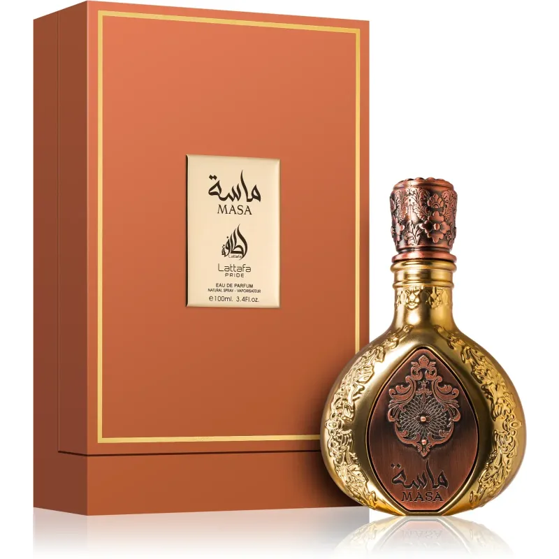 Ornate Middle Eastern Lattafa Masa EDP bottle with gold detailing in matching box