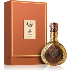 Ornate Middle Eastern Lattafa Masa EDP bottle with gold detailing in matching box