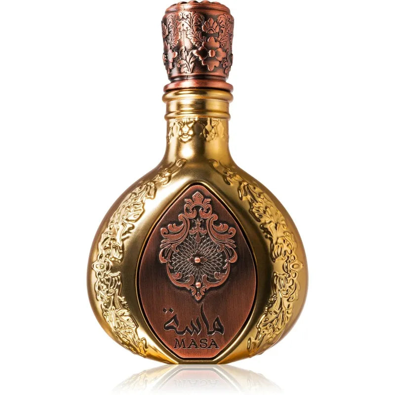 Ornate gouden en koperkleurige fles van Lattafa Masa EDP met complexe patronen, topnoten roze peper