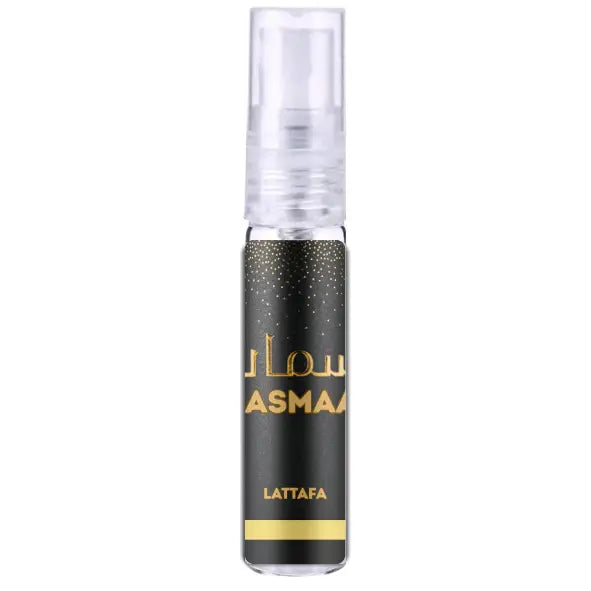 Lattafa nasmaat edp zwarte en gouden sprayfles met transparante dop en elegante lattafa asmaa tekst