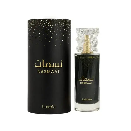 Elegante zwarte glazen parfumfles met gouden dop en kristalachtige stop, labeled nasmaat by lattafa voor lattafa nasmaat edp