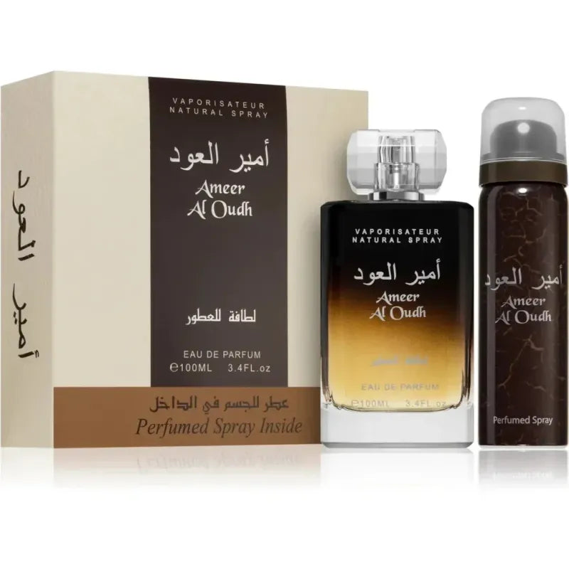 Lattafa Parfum Ameer Al Oudh set met doos, fles en spraycontainer