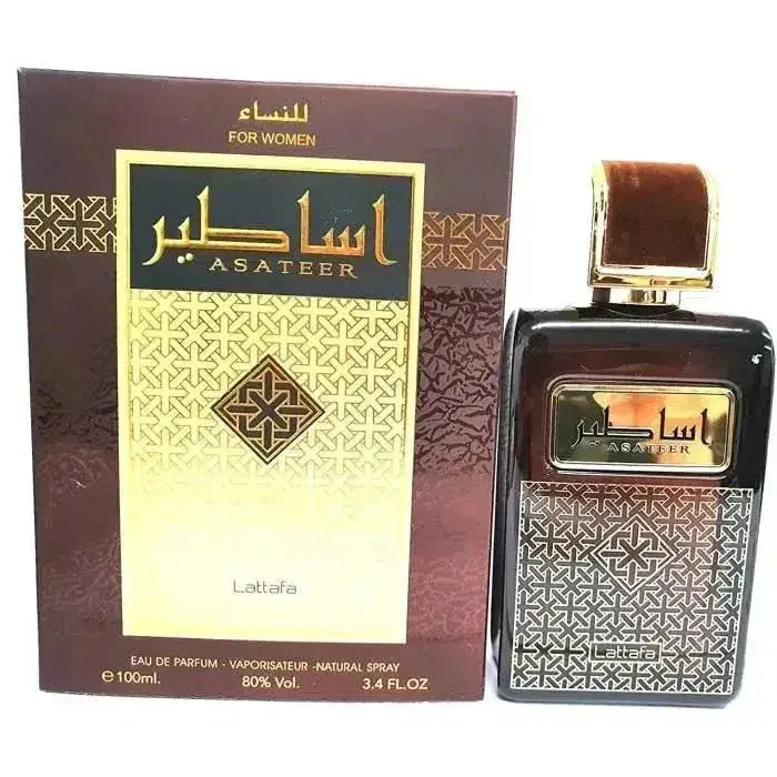 Donkerbruin rechthoekig parfumflesje lattafa parfum asateer met goudkleurige en zilveren geometrische patronen en fluwelen dop
