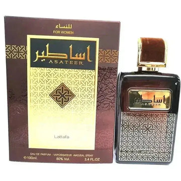 Donkerbruin rechthoekig parfumflesje lattafa parfum asateer met goudkleurige en zilveren geometrische patronen en fluwelen dop