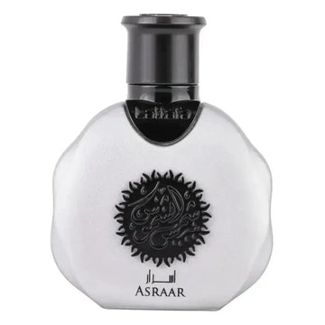 Witte glazen parfumfles met zwarte dop en arabische kalligrafie design van lattafa asraar parfum