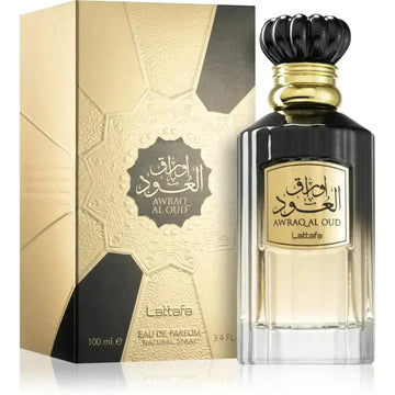 Zwarte glazen fles met gouden accenten en kroonachtige dop van lattafa parfum awraq al oud geur