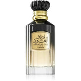 Lattafa parfum awraq al oud zwarte glazen parfumfles met gouden accenten en zwarte kroonsluiting