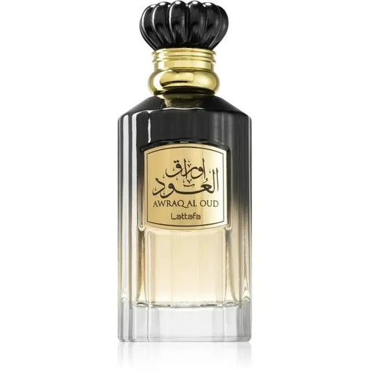 Lattafa parfum awraq al oud zwarte glazen parfumfles met gouden accenten en zwarte kroonsluiting