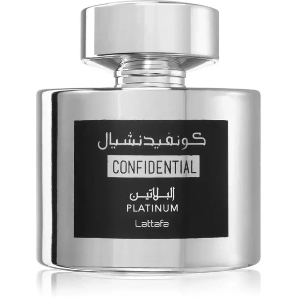Silver metallic parfumfles lattafa parfum confidential platinum met slanke reflecterende cilinder en zwart etiket