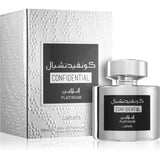 Zilver metalen fles lattafa confidential platinum eau de parfum met strak rechthoekig ontwerp en zwart label