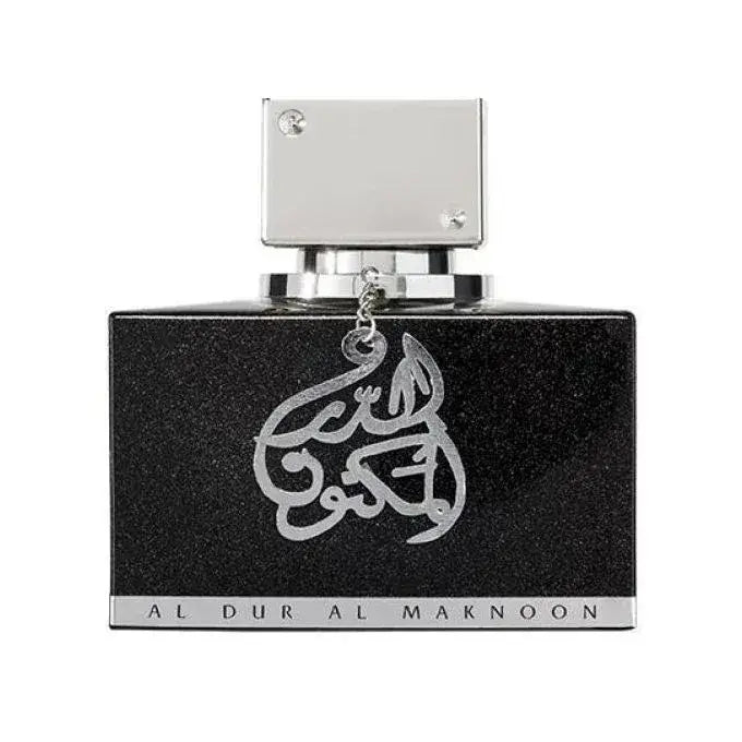 Zwarte rechthoekige lattafa parfum al dur al maknoon fles met zilveren arabische kalligrafie en metalen dop