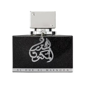 Zwarte rechthoekige lattafa parfum al dur al maknoon fles met zilveren arabische kalligrafie en metalen dop
