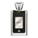 Lattafa parfum ejaazi intense zilveren fles met een slank, rechthoekig zilver lichaam en zwart etiket met arabische tekst