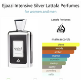 Lattafa parfum ejaazi intensive silver zilverkleurige metalen parfumfles met zwart etiket en witte arabische letters