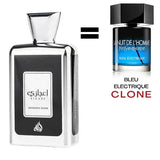 Zilver rechthoekige lattafa parfum fles met zwart etiket en witte tekst van ejazzi intensive silver