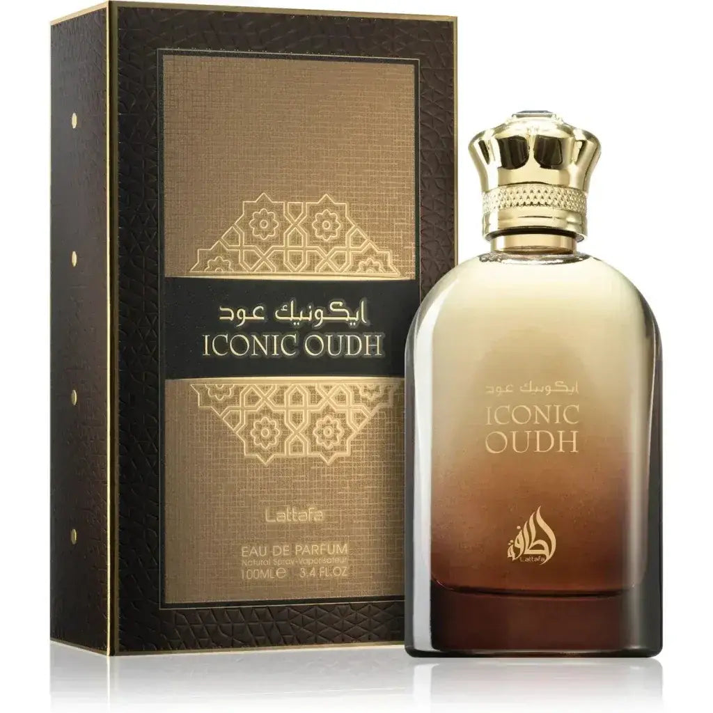 Elegant goudkleurige kroontjesdop siert amber tot diepbruine glazen fles van Lattafa Parfum Iconic Oudh eau de parfum