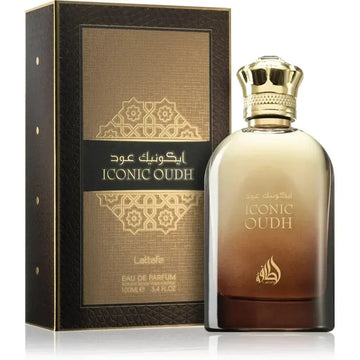 Elegant goudkleurige kroontjesdop siert amber tot diepbruine glazen fles van Lattafa Parfum Iconic Oudh eau de parfum